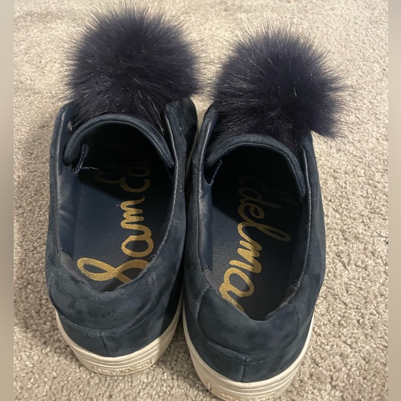 Sam Edelman Leather Sneaker with Faux Fur Pompoms Blue Suede Size 8 - Picture 5 of 8
